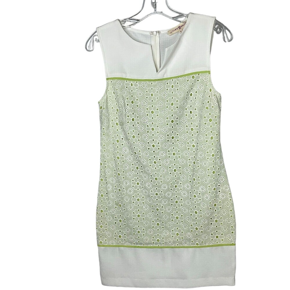 Altar’d State Eyelet Lace Shift Dress White Green Small S Mod Retro Cottagecore